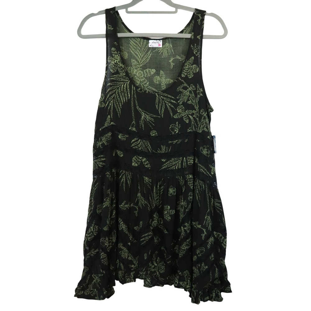 Intimately Free People Voile & Lace Trapeze Slip Dress Black Green Floral M NEW